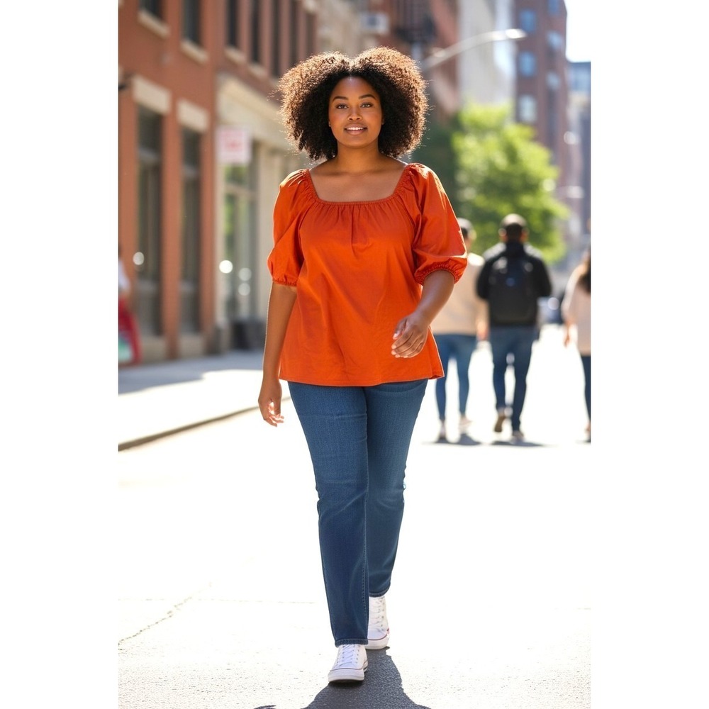 (C-89) Candace Cameron Bure Blouse XL Orange‎ Puff Sleeve Square Neck QVC NWT